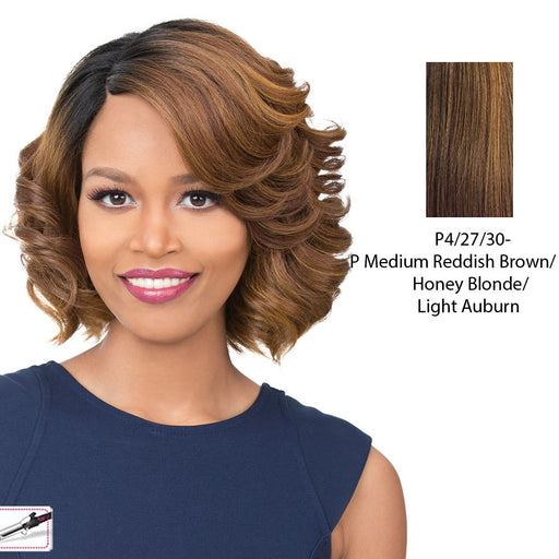 Synthetic Iron Friendly Wig Milan,Streaked Blend Of Medium Brown, Strawberry Blonde, And Light Auburn