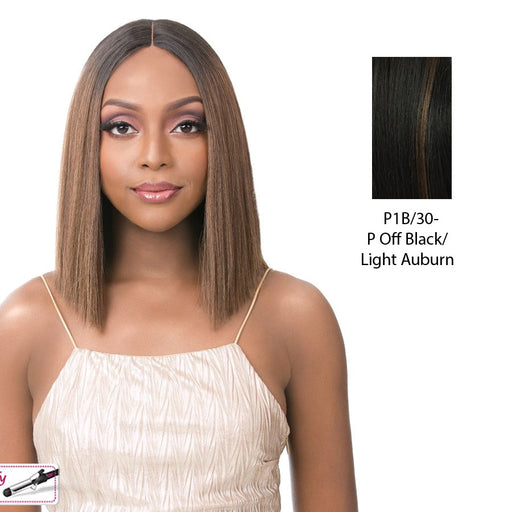 Synthetic Iron Friendly Wig 4 Inch Lace Part Onika,Off Black Base With Light Auburn Highlights