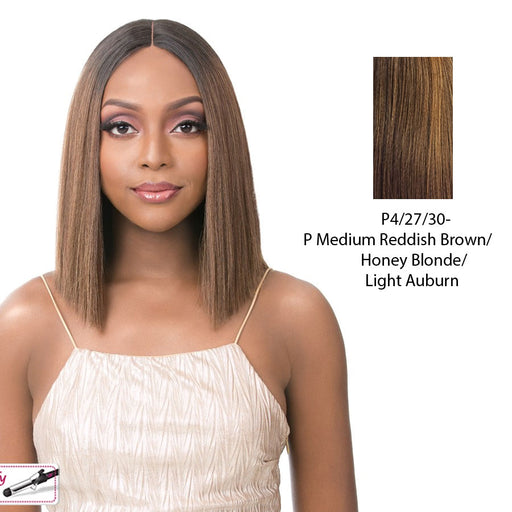 Synthetic Iron Friendly Wig 4 Inch Lace Part Onika,Streaked Blend Of Medium Brown, Strawberry Blonde, And Light Auburn
