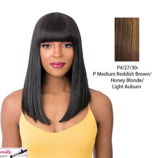 Synthetic Wig - Q Atlanta,Streaked Blend Of Medium Brown, Strawberry Blonde, And Light Auburn