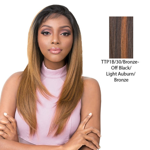 Vixen Y 100% Human Hair Premium Mix Full Lace Wig Vixen Y Yaki Straight,Off Black Base With Light Auburn Highlights