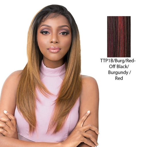 Vixen Y 100% Human Hair Premium Mix Full Lace Wig Vixen Y Yaki Straight,Two Tone Mix Off Black + Burgundy + Red