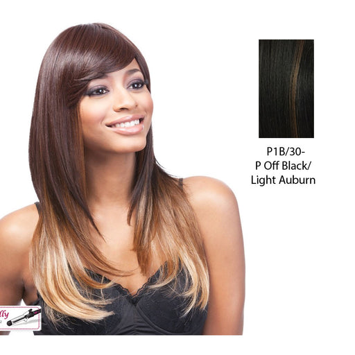 Lesley Synthetic Wig,Off Black Base With Light Auburn Highlights