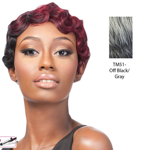 Iron Friendly Synthetic Wig_ Q Roberta,Two Tone Mix Of Off Black With 80 % Grey Roots And Grey Tips