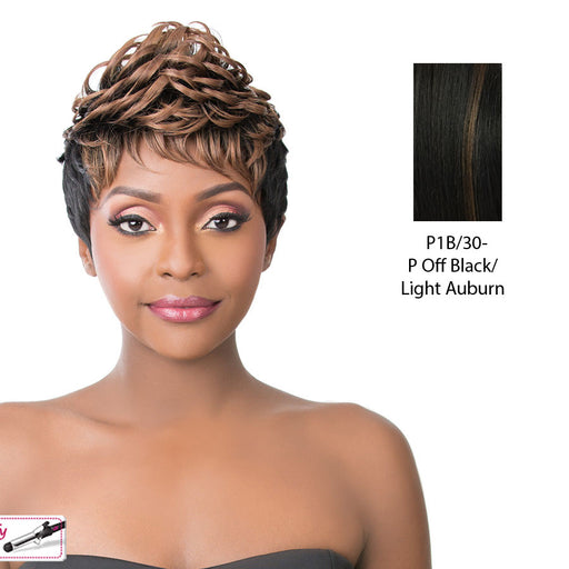 Synthetic Hair Iron Friendly Wig - Sekora,Off Black Base With Light Auburn Highlights