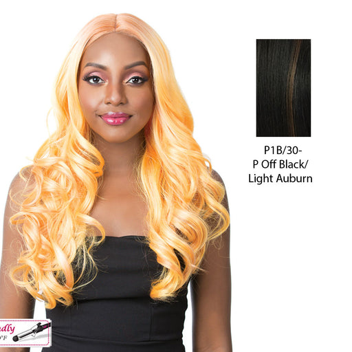 Synthetic 3 Inch Center Part Lace Front Wig- Swiss Lace Dollin,Off Black Base With Light Auburn Highlights