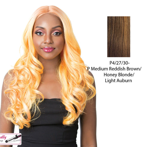 Synthetic 3 Inch Center Part Lace Front Wig- Swiss Lace Dollin,Streaked Blend Of Medium Brown, Strawberry Blonde, And Light Auburn