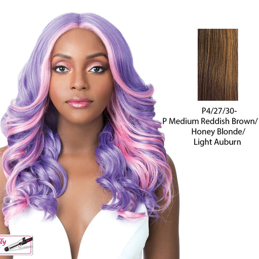 Swiss Lace Frida Lace Front & Lace Part Synthetic Wig,Streaked Blend Of Medium Brown, Strawberry Blonde, And Light Auburn