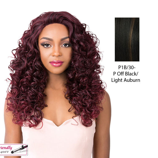 Iron Friendly, Super Wavy Style Soft And Silky Hand-Tied Frontal Swiss Lace Front Wigs - Swiss Lace Goldie,Off Black Base With Light Auburn Highlights