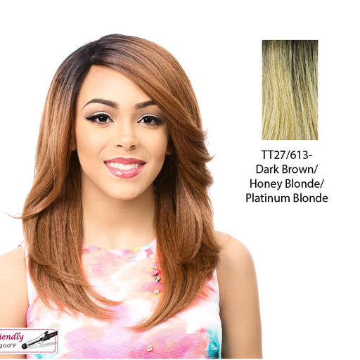 Swiss Lace Front Wig Swiss Lace Justine,Dark Brown Roots With A Blended Mix Of Strawberry Blonde And Platinum Blonde