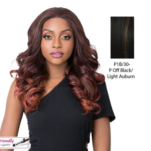Synthetic Iron Friendly Ear To Ear Perfect Hairline Swiss Lace Front Wig Swiss Lace Kasandra,Off Black Base With Light Auburn Highlights
