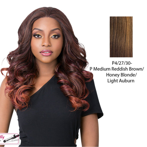 Synthetic Iron Friendly Ear To Ear Perfect Hairline Swiss Lace Front Wig Swiss Lace Kasandra,Streaked Blend Of Medium Brown, Strawberry Blonde, And Light Auburn
