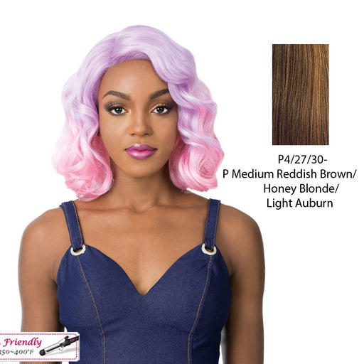 Swiss Lace Kaso Soft Wavy Bob Style With Side Part In Heat Resistant Synthetic Wig - Slkaso,Streaked Blend Of Medium Brown, Strawberry Blonde, And Light Auburn