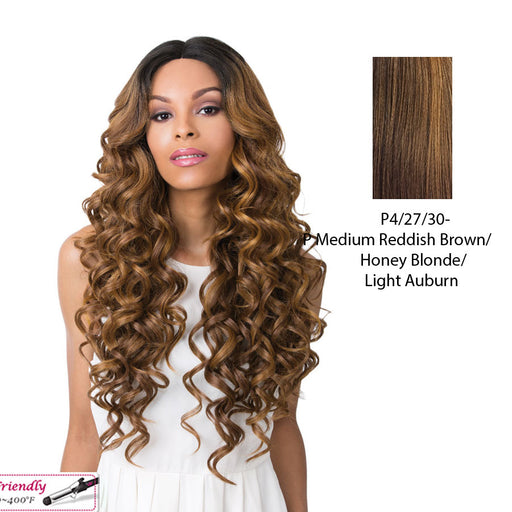 Synthetic Swiss Lace Front Wig - Swiss Lace Keeff,Streaked Blend Of Medium Brown, Strawberry Blonde, And Light Auburn