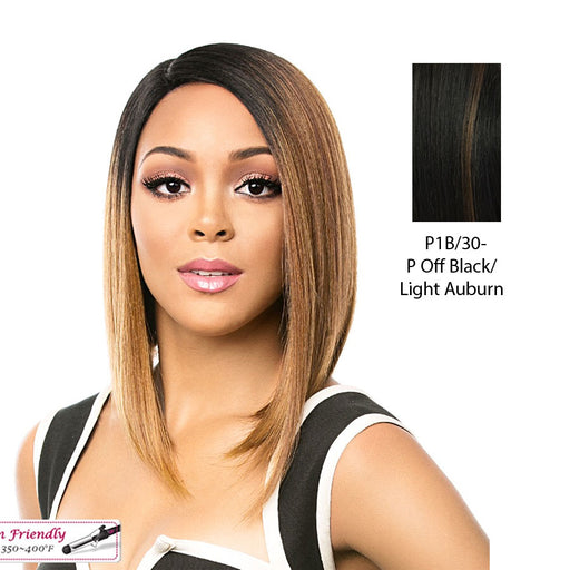 Synthetic Angled Cut A-Lin Bob Lace Front Wig_ Nikkita,Off Black Base With Light Auburn Highlights