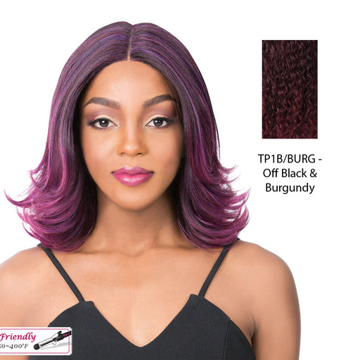 Synthetic Deep Center Parting Swiss Lace Front Wig_ Swiss Lace Serafina,Off Black Top With Burgundy Ends