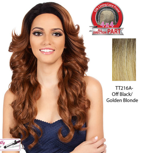 Synthetic Hair Lace Front Wig Swiss Lace_ Symphony,Off Black Roots With Golden Blonde
