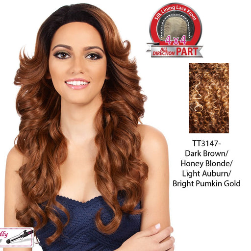 Synthetic Hair Lace Front Wig Swiss Lace_ Symphony,Mix Of Dark Brown, Strawberry Blonde, Light Auburn, And Bright Pumpkin Gold