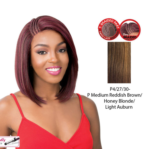 Synthetic Swiss Lace Front Wig Swiss Lace T Braided Part Malibu,Streaked Blend Of Medium Brown, Strawberry Blonde, And Light Auburn