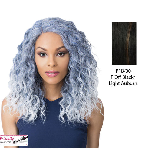 Swiss Lace Marina Lace Front & Lace Part Synthetic Wig,Off Black Base With Light Auburn Highlights