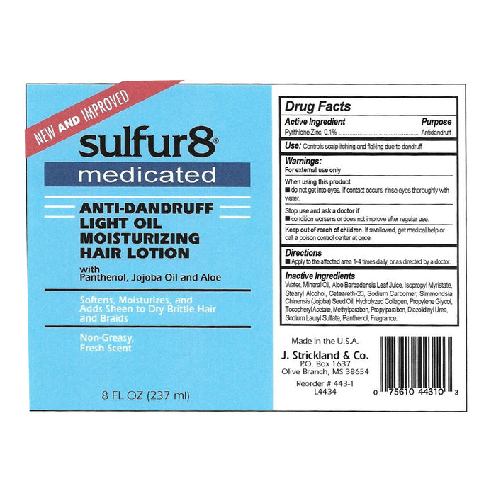 Sulfur 8 Medicated Anti Dandruff Light Oil Moisturizing Hair Lotion, 8 Oz